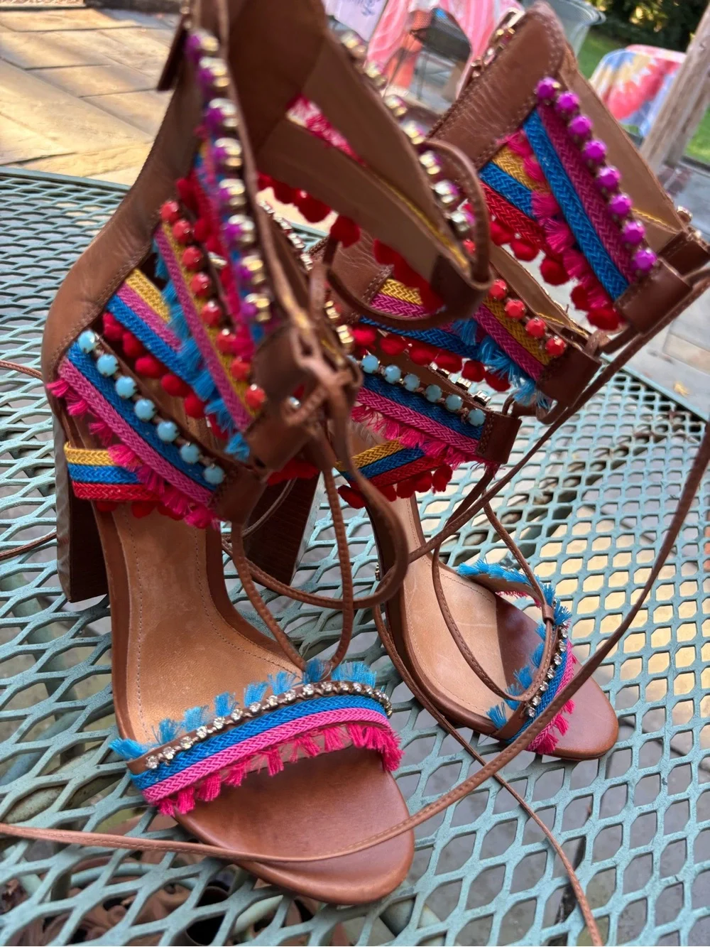 Schutz Calla Block Heeled Leather Sandals Lace-Up Multi-Color women 8.5
